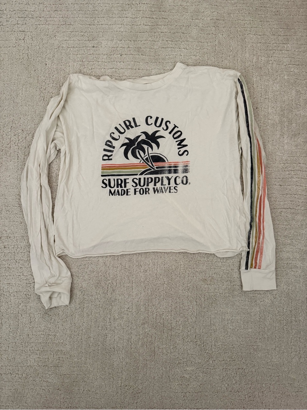 Rip Curl White Long Sleeve Surf Logo Tee with Striped Sleeve